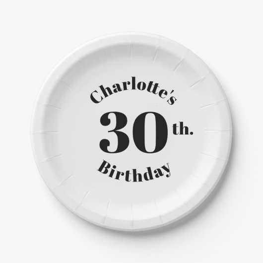 誕生日白黒名前をカスタムする数モダン ペーパープレート (正面)