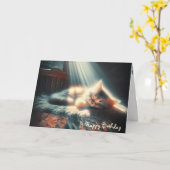 誕生日眠る子猫の古いキルト カード (黄色い花)