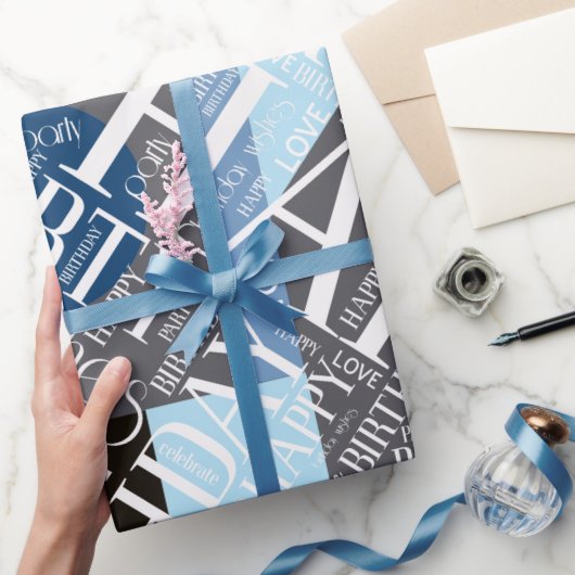 誕生日短縮名の追加カラーブロック青ID274 ラッピングペーパー (ギフト)