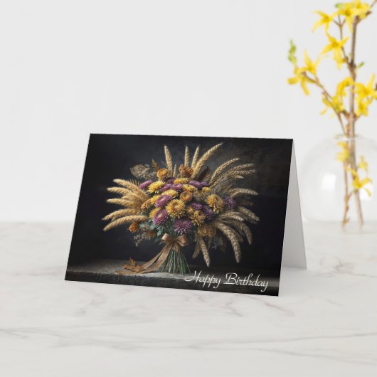 誕生日秋の小麦の茎とムームブーケ カード (黄色い花)