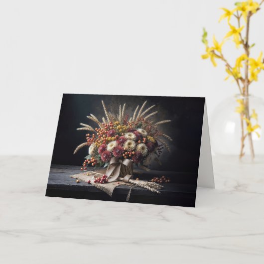 誕生日秋の小麦の茎とムームブーケ カード (黄色い花)