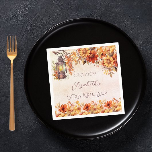 誕生日秋オレンジ花模様素朴ランプ スタンダードカクテルナプキン