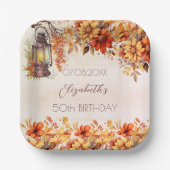 誕生日秋オレンジ花模様素朴ランプ ペーパープレート (正面)