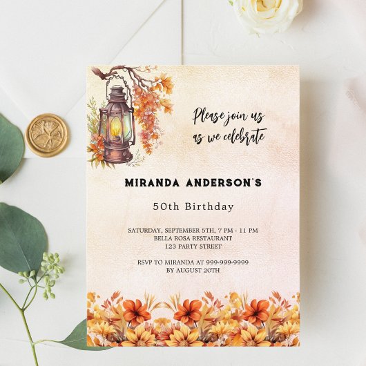 誕生日秋花模様オレンジヴィンテージ インビテーションポストカード