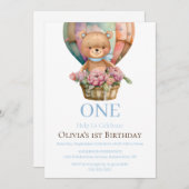誕生日第1テディベアバルーン招待状 招待状 (正面/裏面)