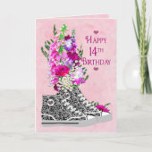 誕生日第14、女の子、ファンシーなスニーカー黒または白 カード (正面)