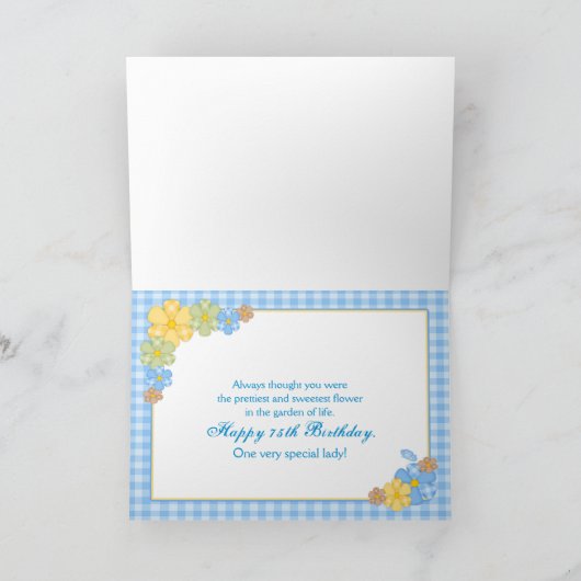 誕生日第75青いGINGHAM/FLOWERS カード (内部)