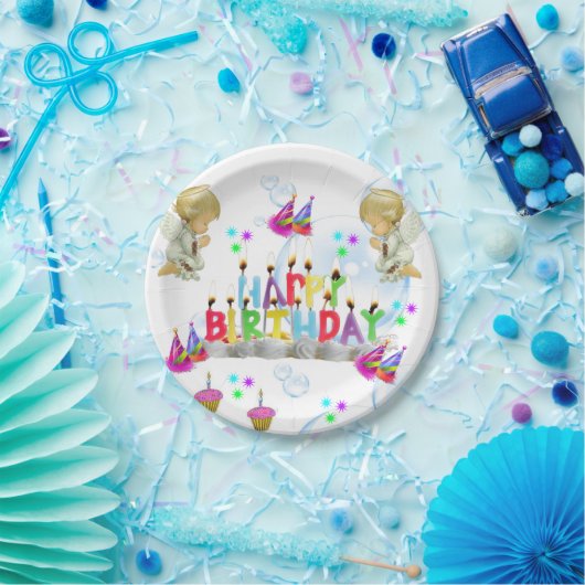 誕生日紙プレートツインエンジェルス ペーパープレート (パーティー)