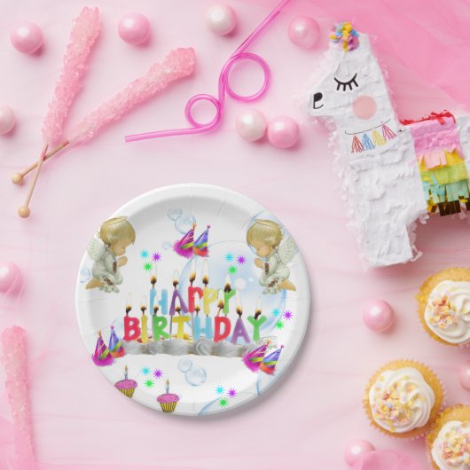 誕生日紙プレートツインエンジェルス ペーパープレート (パーティー)