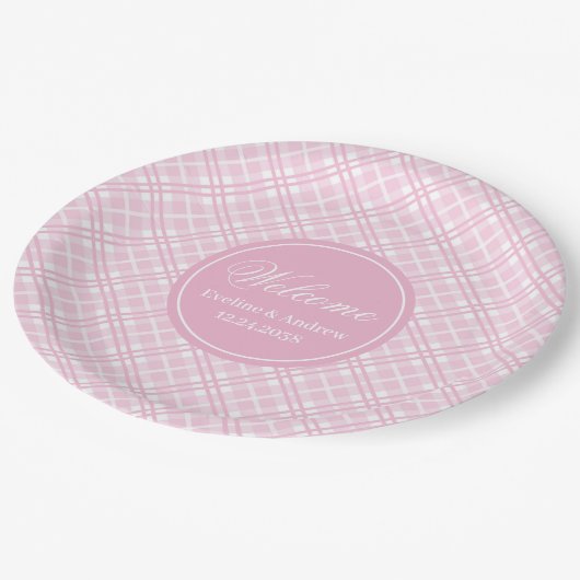 誕生日紙プレートピンクプレイドトレンディーキープサケ ペーパープレート (アングル)