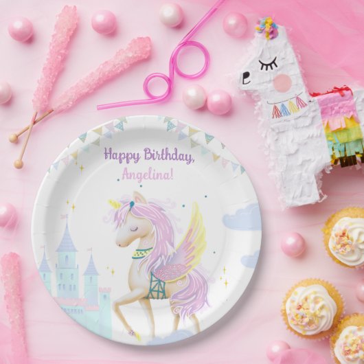 誕生日紙プレート愛らしいユニコーン。 ペーパープレート (パーティー)