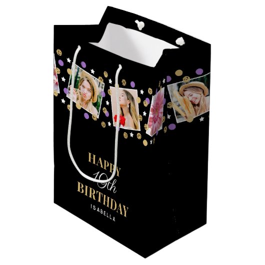 誕生日紙吹雪名前をカスタムするフォトコラージパープル ミディアムペーパーバッグ (正面アングル)