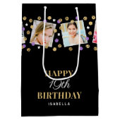 誕生日紙吹雪名前をカスタムするフォトコラージパープル ミディアムペーパーバッグ (裏面)