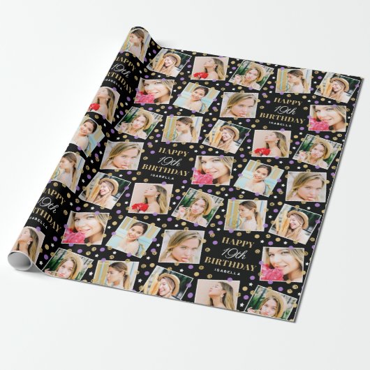 誕生日紙吹雪名前をカスタムするフォトコラージパープル ラッピングペーパー (アンロールド)
