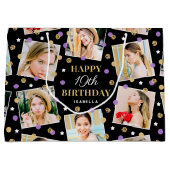 誕生日紙吹雪名前をカスタムするフォトコラージパープル ラージペーパーバッグ (正面)