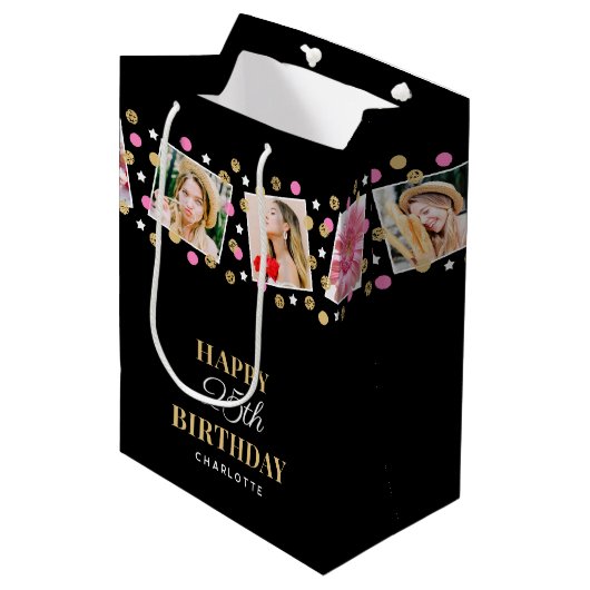 誕生日紙吹雪名前をカスタムするフォトコラージピンク ミディアムペーパーバッグ (正面アングル)