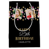 誕生日紙吹雪名前をカスタムするフォトコラージピンク ミディアムペーパーバッグ (正面)