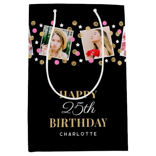 誕生日紙吹雪名前をカスタムするフォトコラージピンク ミディアムペーパーバッグ (正面)