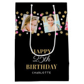 誕生日紙吹雪名前をカスタムするフォトコラージピンク ミディアムペーパーバッグ (裏面)