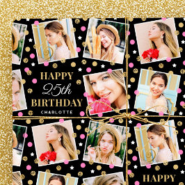 誕生日紙吹雪名前をカスタムするフォトコラージピンク ラッピングペーパー