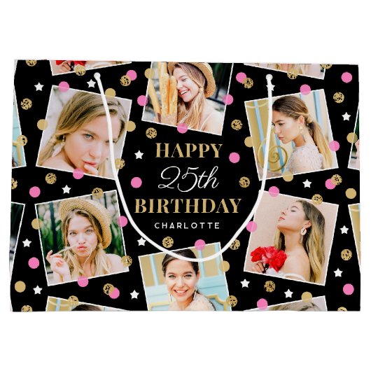 誕生日紙吹雪名前をカスタムするフォトコラージピンク ラージペーパーバッグ (裏面)
