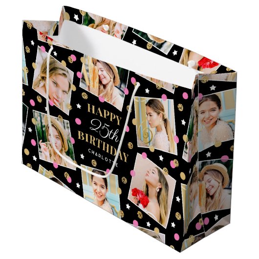 誕生日紙吹雪名前をカスタムするフォトコラージピンク ラージペーパーバッグ (正面アングル)