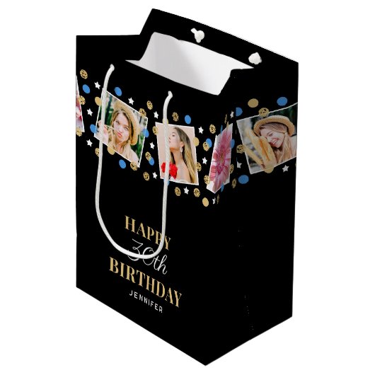 誕生日紙吹雪名前をカスタムするフォトコラージブルー ミディアムペーパーバッグ (正面アングル)