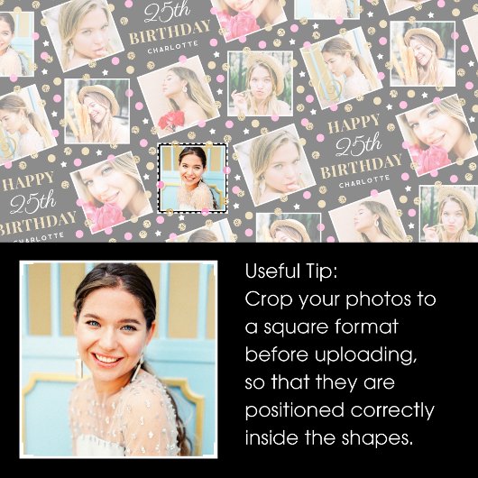 誕生日紙吹雪名前をカスタムするフォトコラージブルー ラッピングペーパー