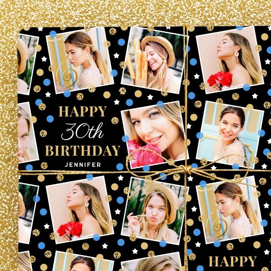誕生日紙吹雪名前をカスタムするフォトコラージブルー ラッピングペーパー