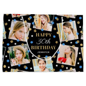 誕生日紙吹雪名前をカスタムするフォトコラージブルー ラージペーパーバッグ (裏面)