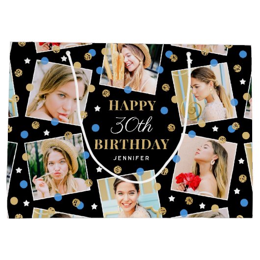 誕生日紙吹雪名前をカスタムするフォトコラージブルー ラージペーパーバッグ (裏面)