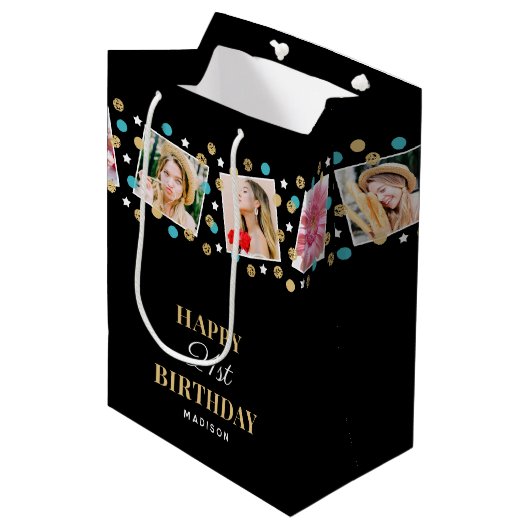誕生日紙吹雪名前をカスタムするフォトコラージュティール（緑がかった色） ミディアムペーパーバッグ (正面アングル)