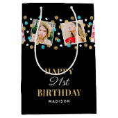 誕生日紙吹雪名前をカスタムするフォトコラージュティール（緑がかった色） ミディアムペーパーバッグ (正面)