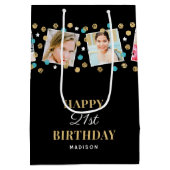 誕生日紙吹雪名前をカスタムするフォトコラージュティール（緑がかった色） ミディアムペーパーバッグ (裏面)