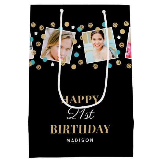 誕生日紙吹雪名前をカスタムするフォトコラージュティール（緑がかった色） ミディアムペーパーバッグ (裏面)