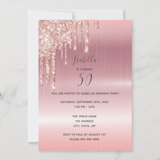 誕生日素晴らしい任意の年齢バラ金ゴールドグリッター滴 招待状 (裏面)