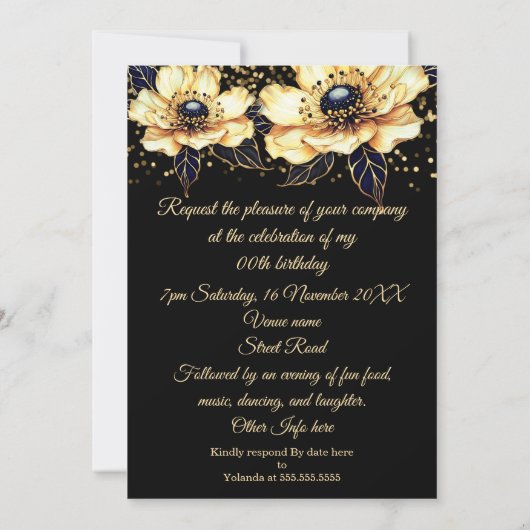 誕生日素晴らしパーティーフローラベージュ金ゴールドブラック 招待状 (裏面)