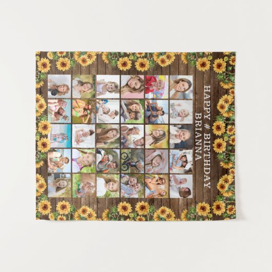 誕生日素朴ひまわりウッド30フォトコラージュ タペストリー (正面(横))