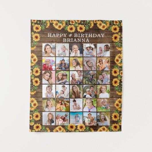 誕生日素朴ひまわりウッド30フォトコラージュ タペストリー (正面)