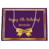 誕生日紫の金ゴールドエレガントボウ名 ラージペーパーバッグ (正面)