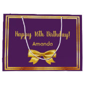 誕生日紫の金ゴールドエレガントボウ名 ラージペーパーバッグ (裏面)