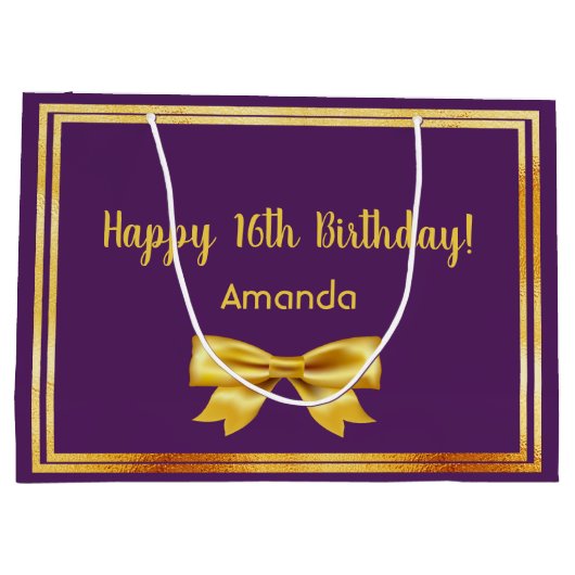 誕生日紫の金ゴールドエレガントボウ名 ラージペーパーバッグ (裏面)