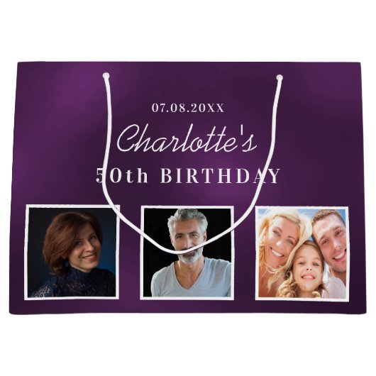 誕生日紫カスタム写真 ラージペーパーバッグ (正面)
