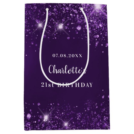 誕生日紫グリッター ミディアムペーパーバッグ (正面)