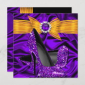 誕生日紫シルクイエローオレンジハイヒールパーティー 招待状 (正面/裏面)