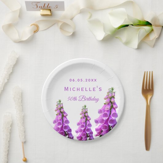 誕生日紫色の花エレガント白 ペーパープレート (ウェディング)