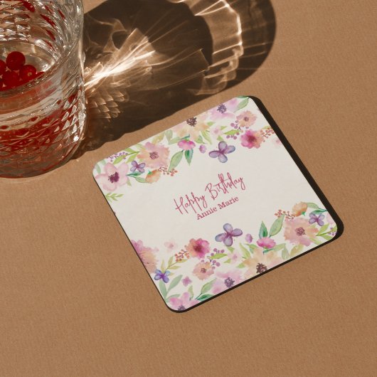 誕生日紫色の蝶パーソナライズされた スクエアペーパーコースター