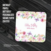 誕生日紫色の蝶パーソナライズされた スクエアペーパーコースター