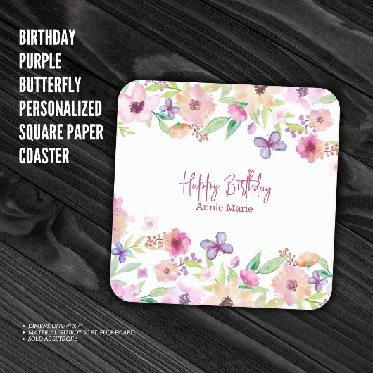 誕生日紫色の蝶パーソナライズされた スクエアペーパーコースター