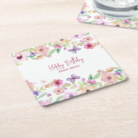 誕生日紫色の蝶パーソナライズされた スクエアペーパーコースター (アングル)